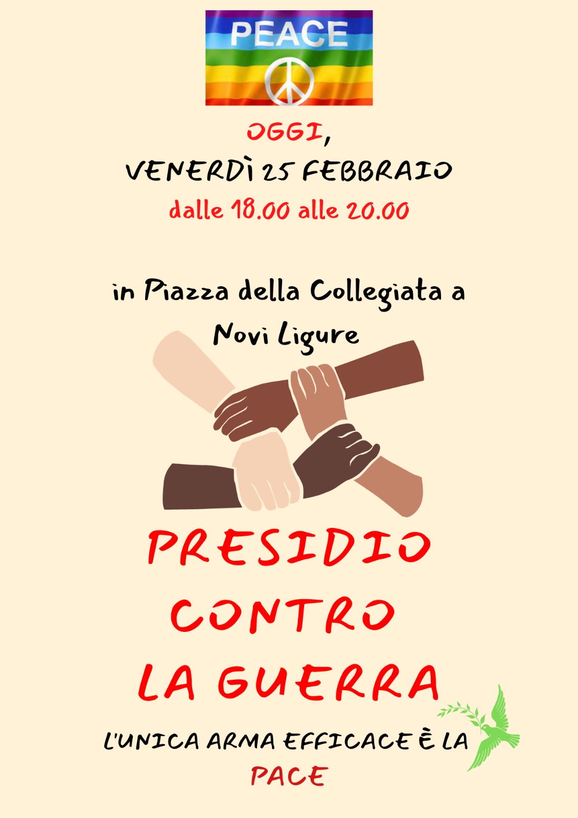 Oggi pomeriggio alle 18 manifestazione spontanea per la Pace a Novi Ligure