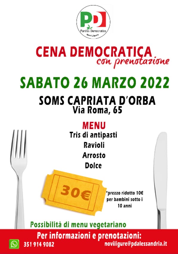 Sabato 26 la cena democratica a Capriata d’Orba