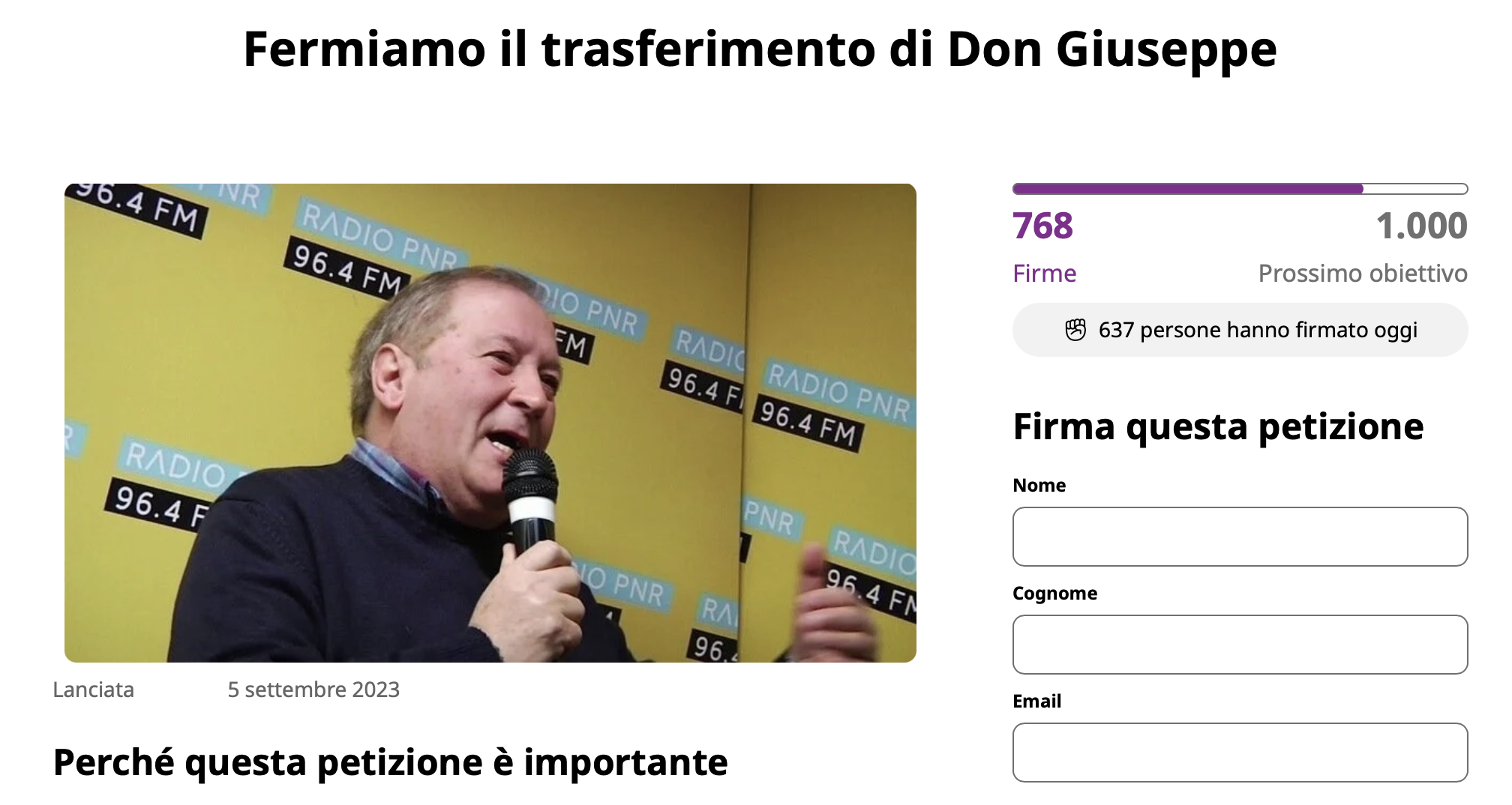 Una petizione per bloccare il trasferimento di Don Giuseppe